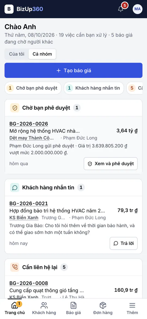 Trang chủ BizUp360 trên điện thoại: các nhóm việc, mỗi việc kèm một nút.
