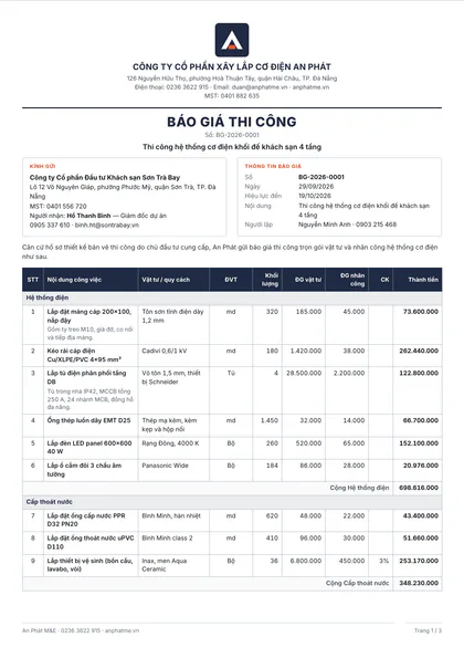 Trang 1 của báo giá mẫu ngành Xây dựng & cơ điện: Thi công hệ thống cơ điện khối đế khách sạn 4 tầng.