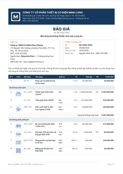 Trang đầu của chính báo giá đó khi gửi khách: tiêu đề công ty, thông tin khách hàng và bảng hàng hoá trên khổ A4.