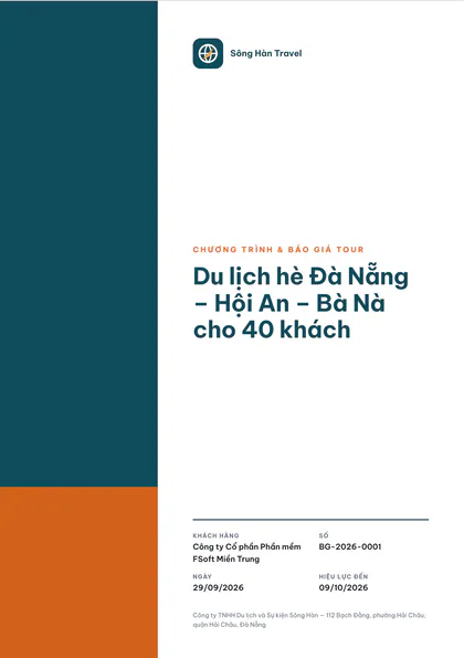 Trang 1 của báo giá mẫu ngành Du lịch & lữ hành: Du lịch hè Đà Nẵng – Hội An – Bà Nà cho 40 khách.